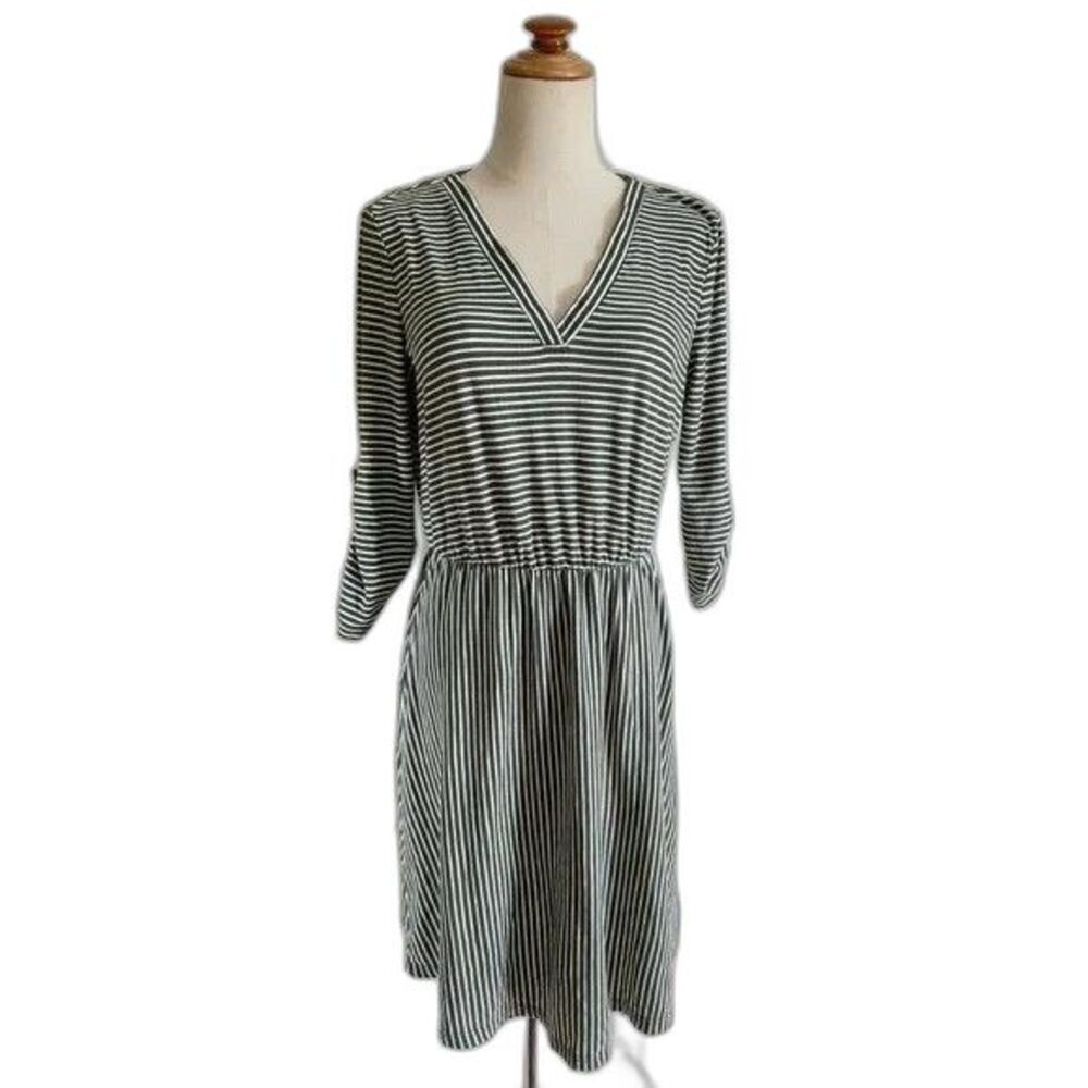 french grey sage olive green white stripe long tunic blouse 3/4 sleeve v neck